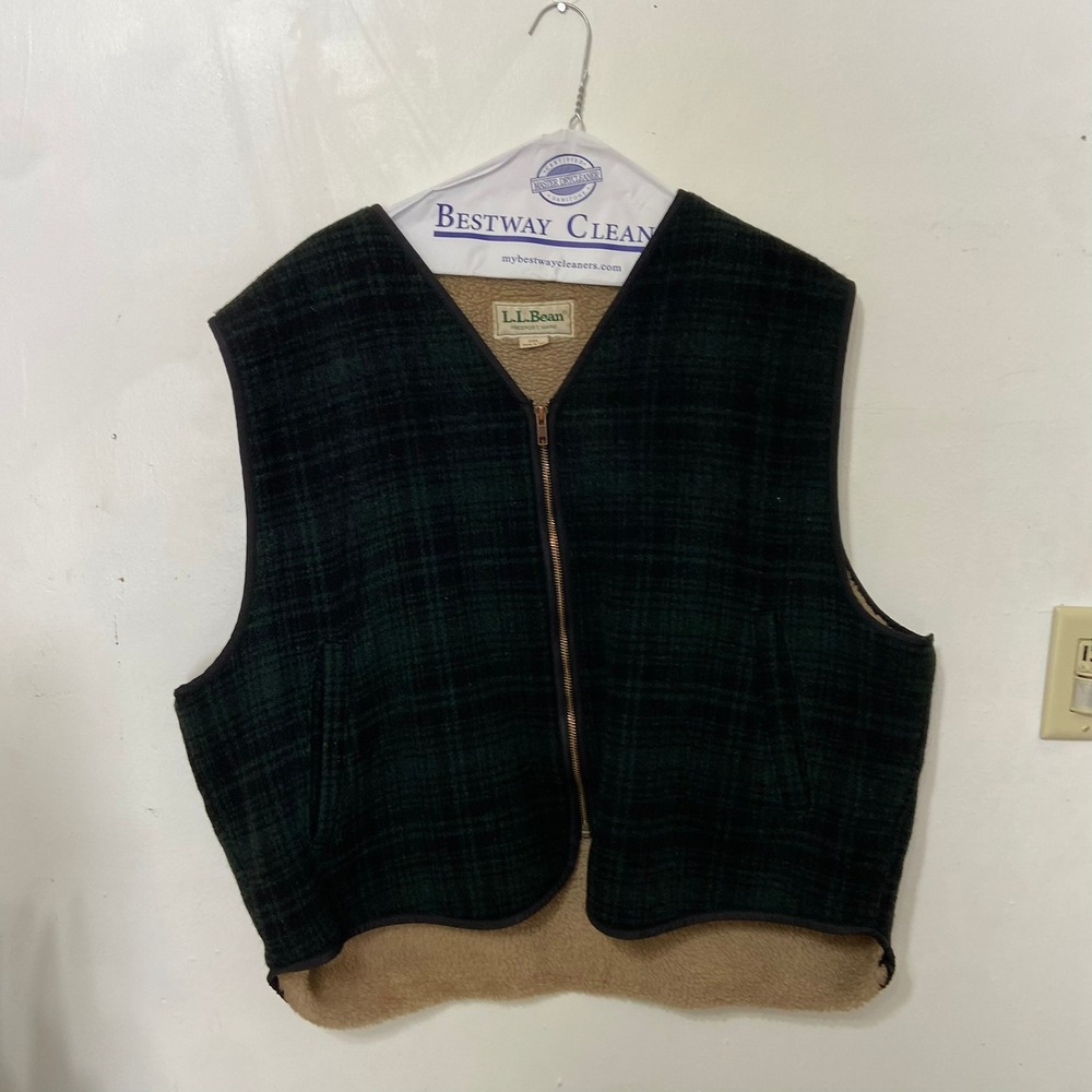 Vintage L.L.Bean Wool Sherpa‎ Lined Vest Green/Navy Plaid Men's Size 2XL Zipper